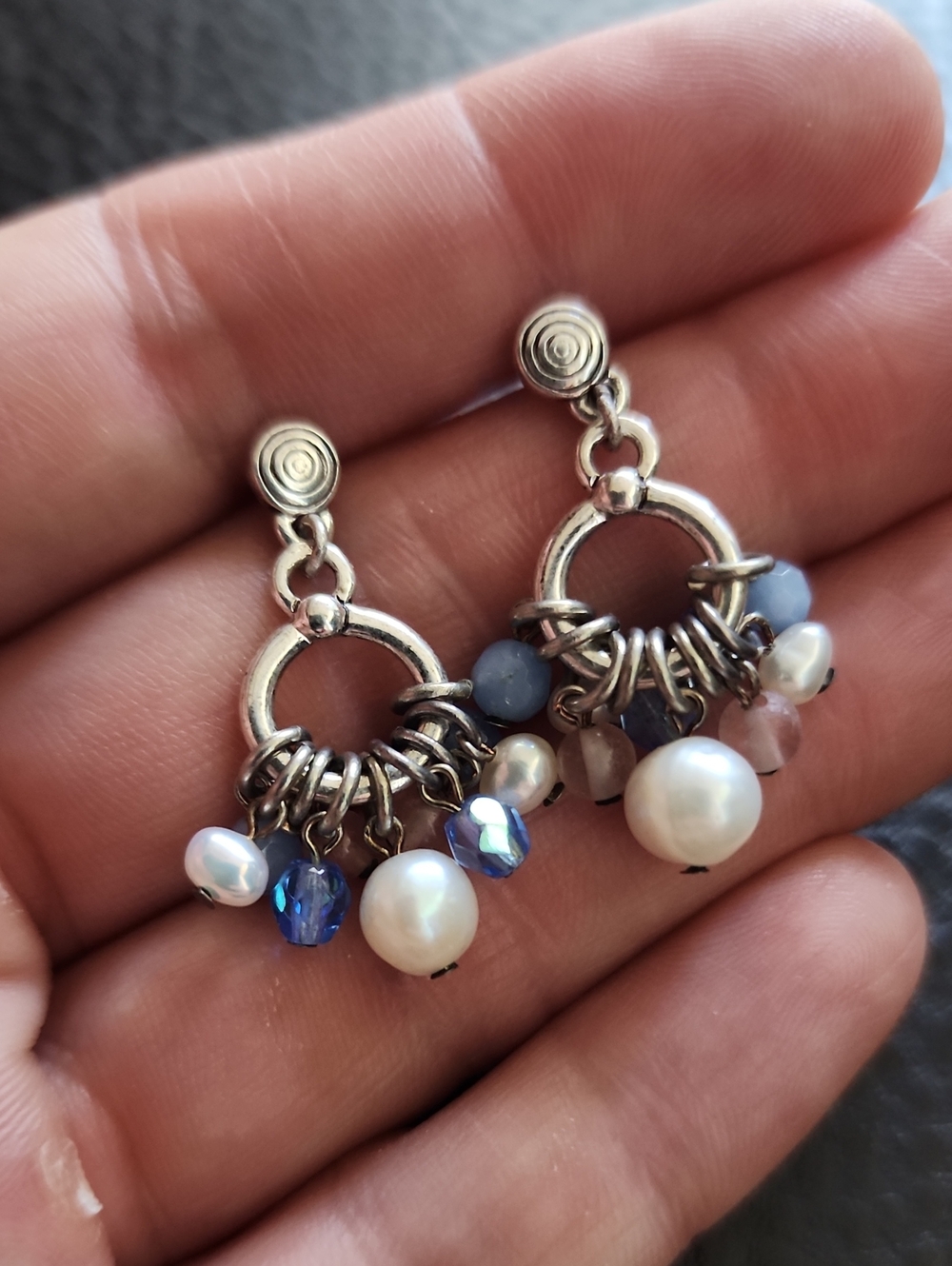 Silver Tone Pearl and Blue Bead Dangle Earrings